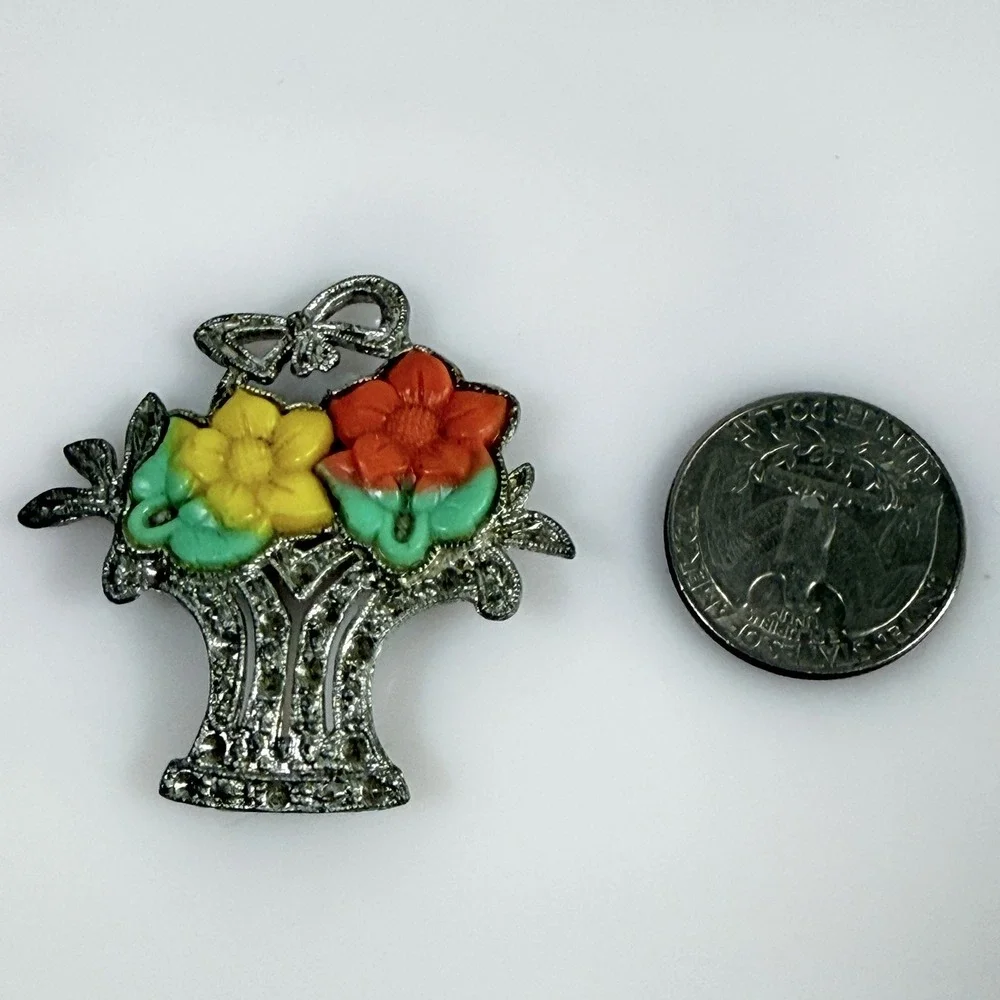 Vintage Pot Metal Brooch Basket of Flowers Celluloid  Flowers MCM FLAWS